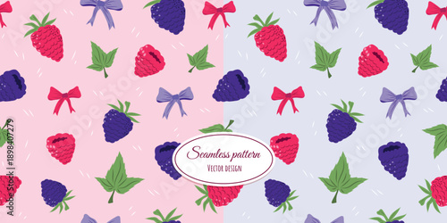 A beautiful, trendy seamless pattern with ripe raspberries and blackberries and beautiful bows. Vector design