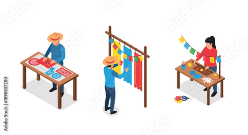 Isometric crafting of mexican papel picado with artisans decorating traditional paper banner