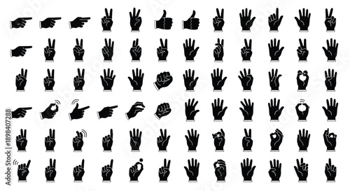 hand gesture icons set, silhouette hand signs collection, counting pointing victory symbols, vector illustration isolated background for communication design