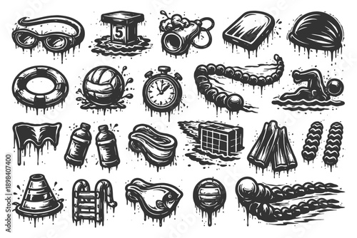 Hand-drawn swimming equipment icons: goggles, stopwatch, snorkel, fins, swim cap, pool ladder.