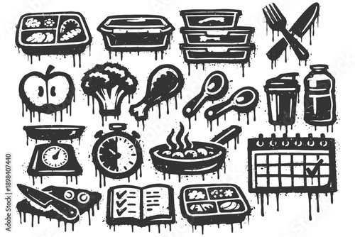 Cartoon ink illustrations of meal prep tools and food items in black and white.