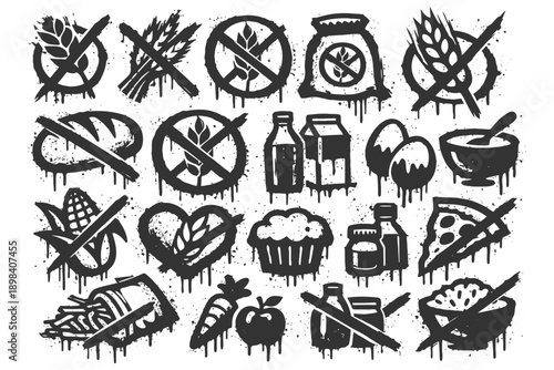 Gluten-free food icons with bread, pasta, and dairy illustrations.