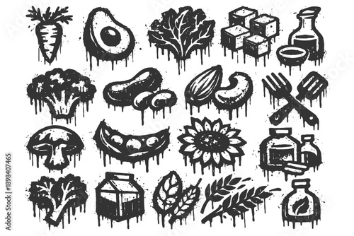 Grunge style healthy food icons collection featuring vegetables, fruits, and natural products.
