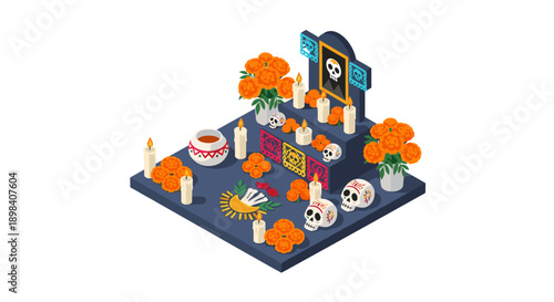 Isometric day of the dead altar with marigolds and candles
