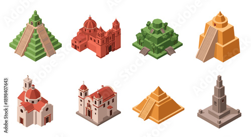 Isometric historical architecture: temples and churches collection