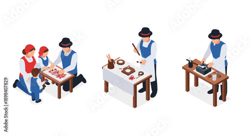 Isometric traditional craftsmanship: family, pottery, and culinary arts