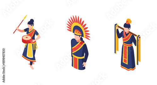 Isometric indigenous culture: traditional clothing and instruments