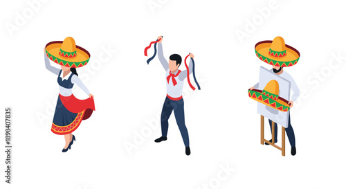 Isometric festive characters celebrating mexican culture with sombrero and traditional attire