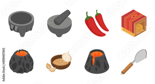 Traditional mexican cuisine icons: mortar, peppers, molcajete, and more in isometric design