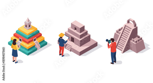 Isometric ancient ruins exploration with tourists photographing and sketching