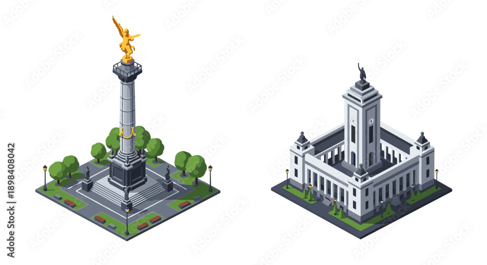 Obraz premium Isometric monuments: column and historic building in urban park setting