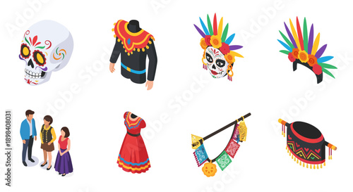 Colorful isometric mexican cultural objects set for day of the dead celebrations