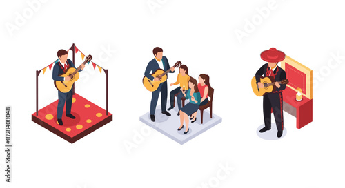 Isometric musicians playing guitars in diverse cultural settings