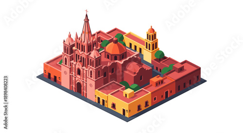 Colorful isometric cityscape with historic cathedral architecture