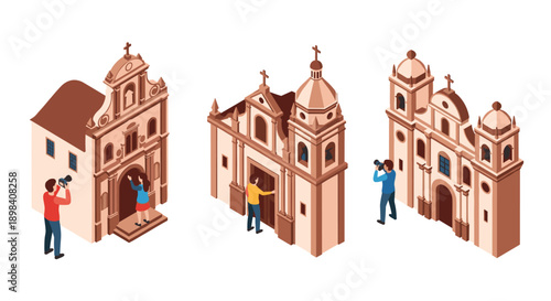 Isometric cultural heritage: tourists capturing historic church architecture