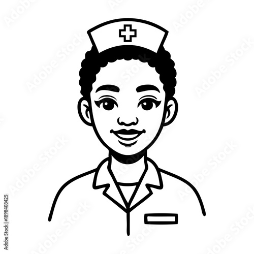Dibujo sencillo con líneas de cara de mujer enfermera de raza negra