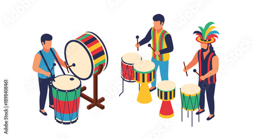 Colorful percussion ensemble in isometric style celebrating music festival