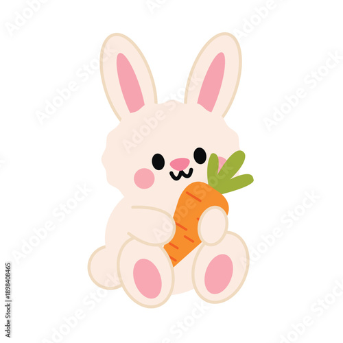 Easter bunny illustration in flat style. A delicate light pink rabbit with big ears and rosy cheeks sits and holds a bright carrot.