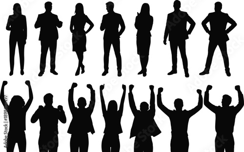 Business silhouettes, confident poses, professional icons, power gestures, black vector, career success, leadership stance, business attire, standing figures, raised arms