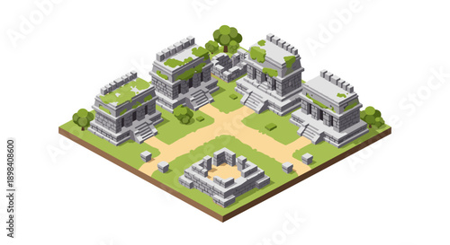 Isometric ancient temple ruins with greenery and stone structures