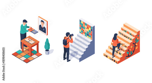 Creative isometric art spaces: painting, photography, and vibrant stair designs