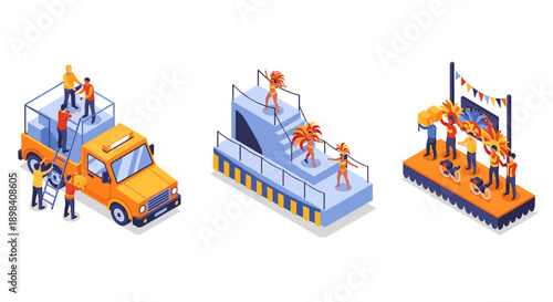 Isometric carnival parade scenes with dancers and floats