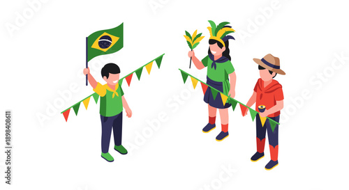 Celebration of brazilian culture with festive outfits and flags in isometric style