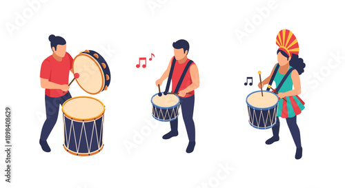 Isometric drummers in festive parade with colorful costumes and large drums