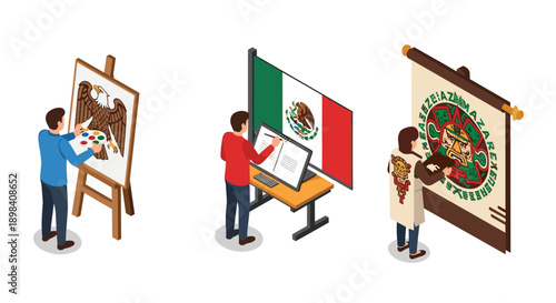 Isometric artwork creation process: painting, digital design, and historic preservation