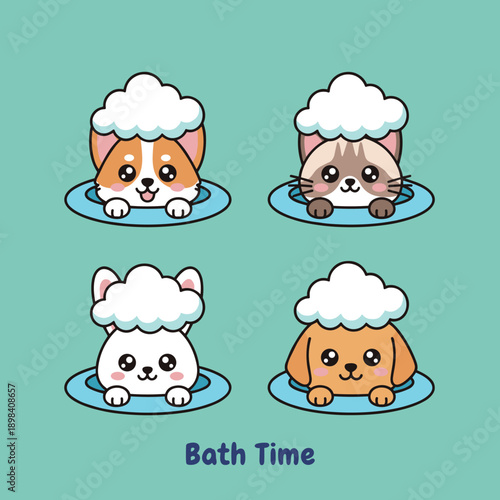 Cute cartoon animals having a bath time, cat, dog and rabbit with soap bubbles on heads, funny pet grooming and hygiene vector illustration