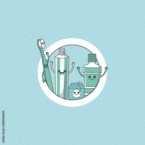 Group of cute dental care tools characters, toothbrush, toothpaste, dental floss and mouthwash, oral hygiene and health vector illustration