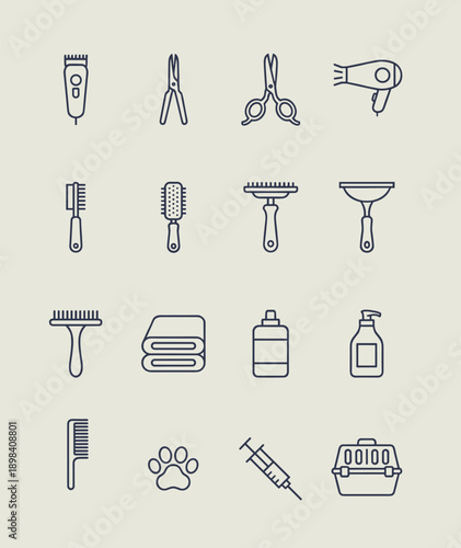 Professional pet grooming and veterinary service line icons, including clippers, scissors, hair dryer, brushes, towel and shampoo vector
