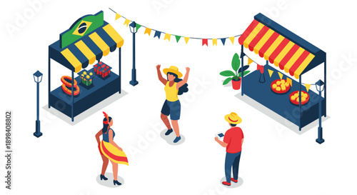 Isometric brazilian festival market with dancing people and colorful stalls