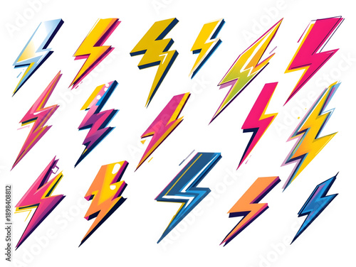 Vibrant lightning bolts in various colors and styles