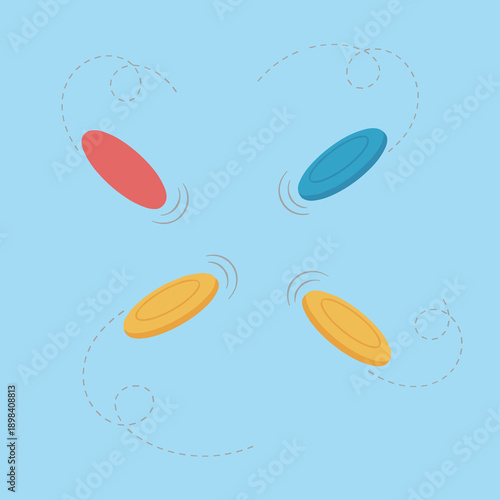 Colorful flying discs or frisbees with motion trails on light blue background, sports and outdoor leisure activity vector illustration