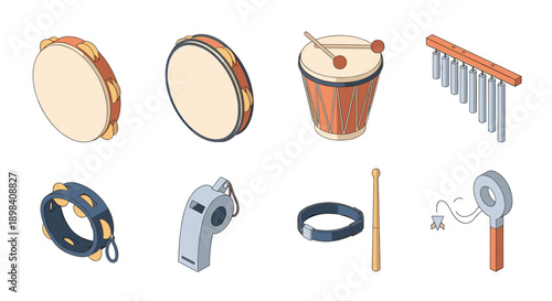 Isometric percussion instruments collection: drums, tambourine, whistle, chimes, and stick in soft colors