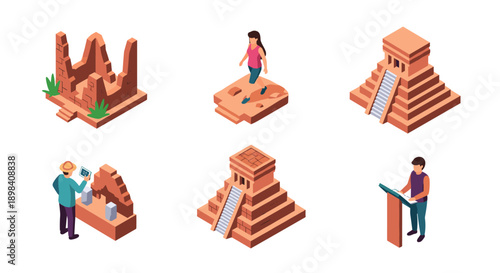 Isometric archaeology adventure: ancient ruins and explorers in 3d design