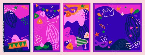 Purim carnival greeting card collection, Happy Carnival, colorful geometric background with splashes, speech bubbles, masks and confetti. 