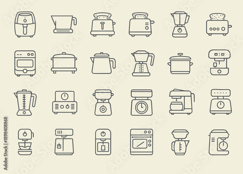 Comprehensive collection of kitchen appliances and coffee makers line icons, including toaster, blender, oven and kettle vector symbols