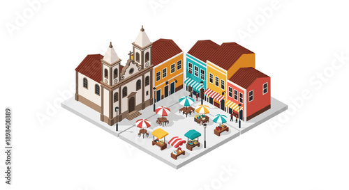Colorful isometric town square with cafes and historic church architecture