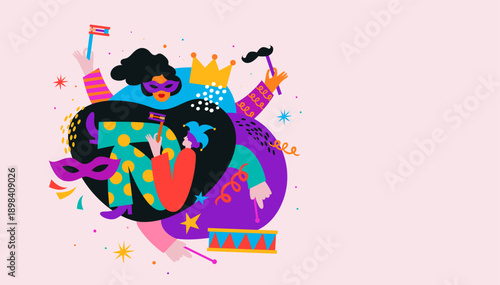 Happy Purim, poster with abstract geometric carnival elements. Modern vector design with splashes, speech bubbles, masks and confetti. 
