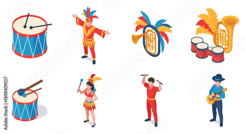 Carnival celebration with musicians and instruments in isometric design