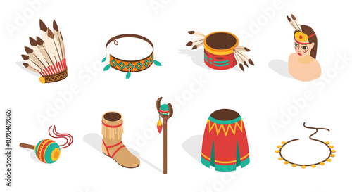 Native american traditional attire and accessories in isometric style