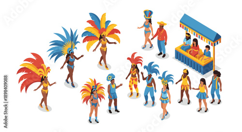 Colorful carnival celebration with festive costumes and market stall