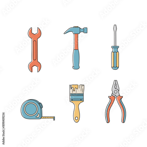 Professional hand tools set including wrench, hammer, screwdriver and pliers for home improvement, repair services and construction design elements.