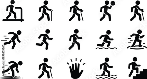 Fitness activity icons, physical movement, exercise symbols, health pictograms, running figure, stair climbing, treadmill walking, basketball, sprinting, cane walking, water jogging, climbing stairs, 