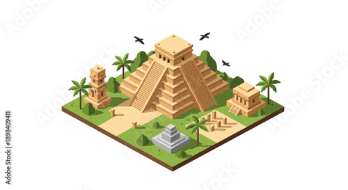 Isometric representation of a mayan temple complex with pyramids and palms