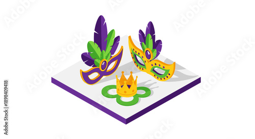 Colorful mardi gras mask and crown celebration in isometric style