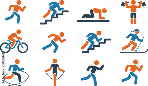 Fitness icons, exercise symbols, workout graphics, physical activity, health pictograms, running figure, stair climbing, crawling pose, weightlifting