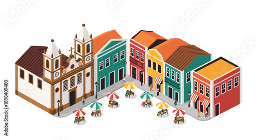 Isometric colorful colonial street with historic church and vibrant cafe scene
